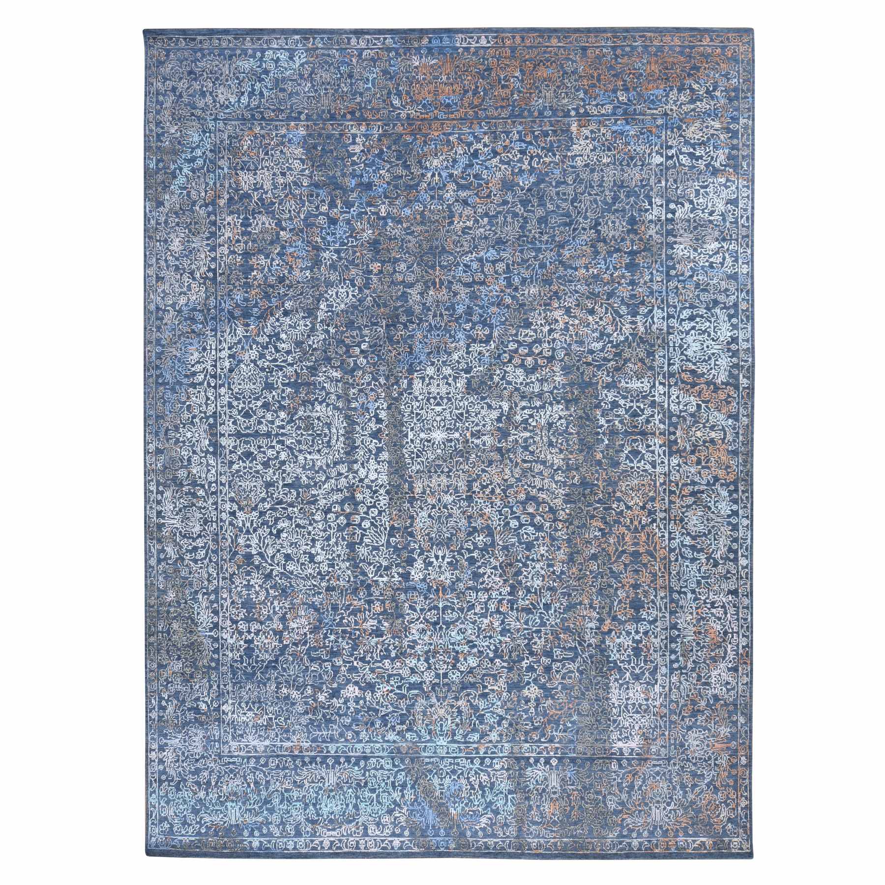 Ink Blue, Broken and Erased Persian Design, Wool and Silk, Hand Knotted, Oriental Rug